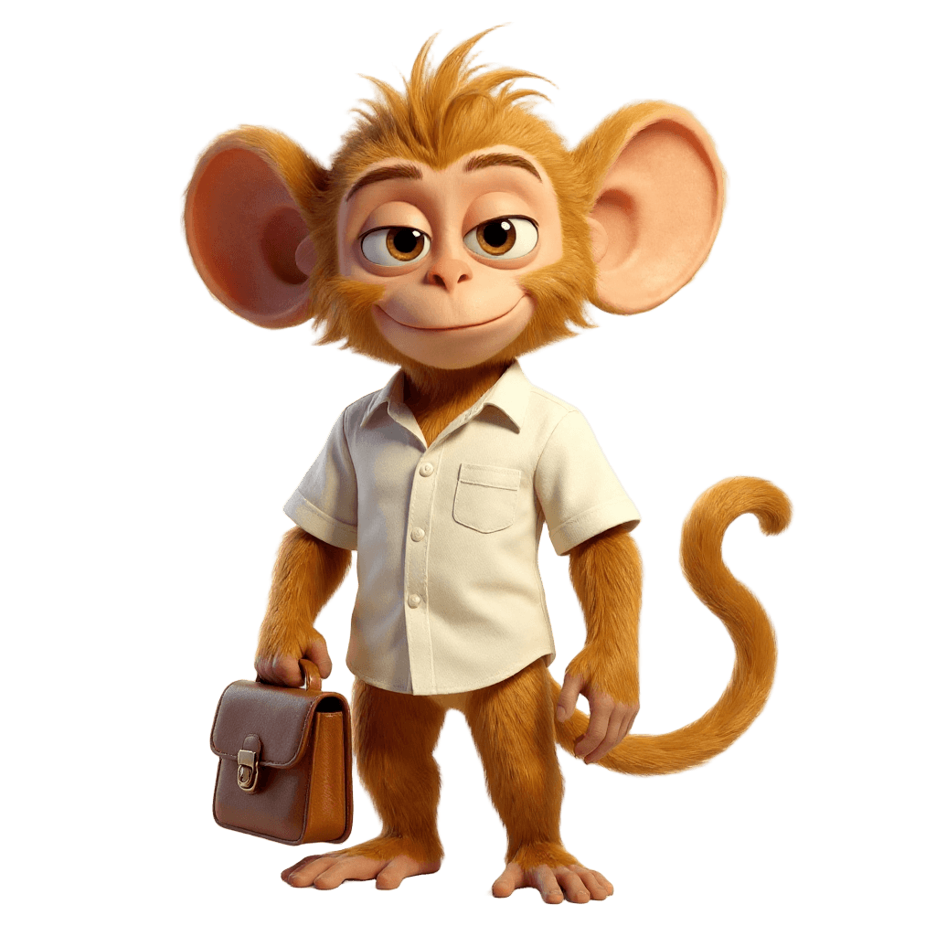 Baliestate mascot in linen shirt holding a briefcase